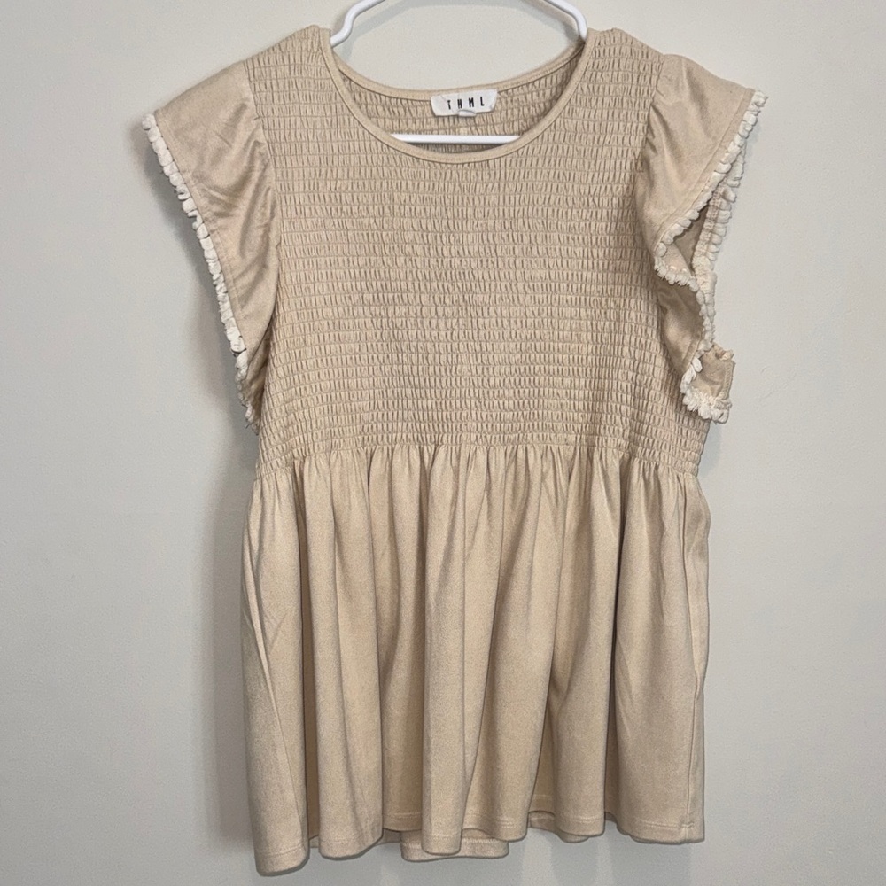 THML Cream Smocked Ruffle Sleeve Top small